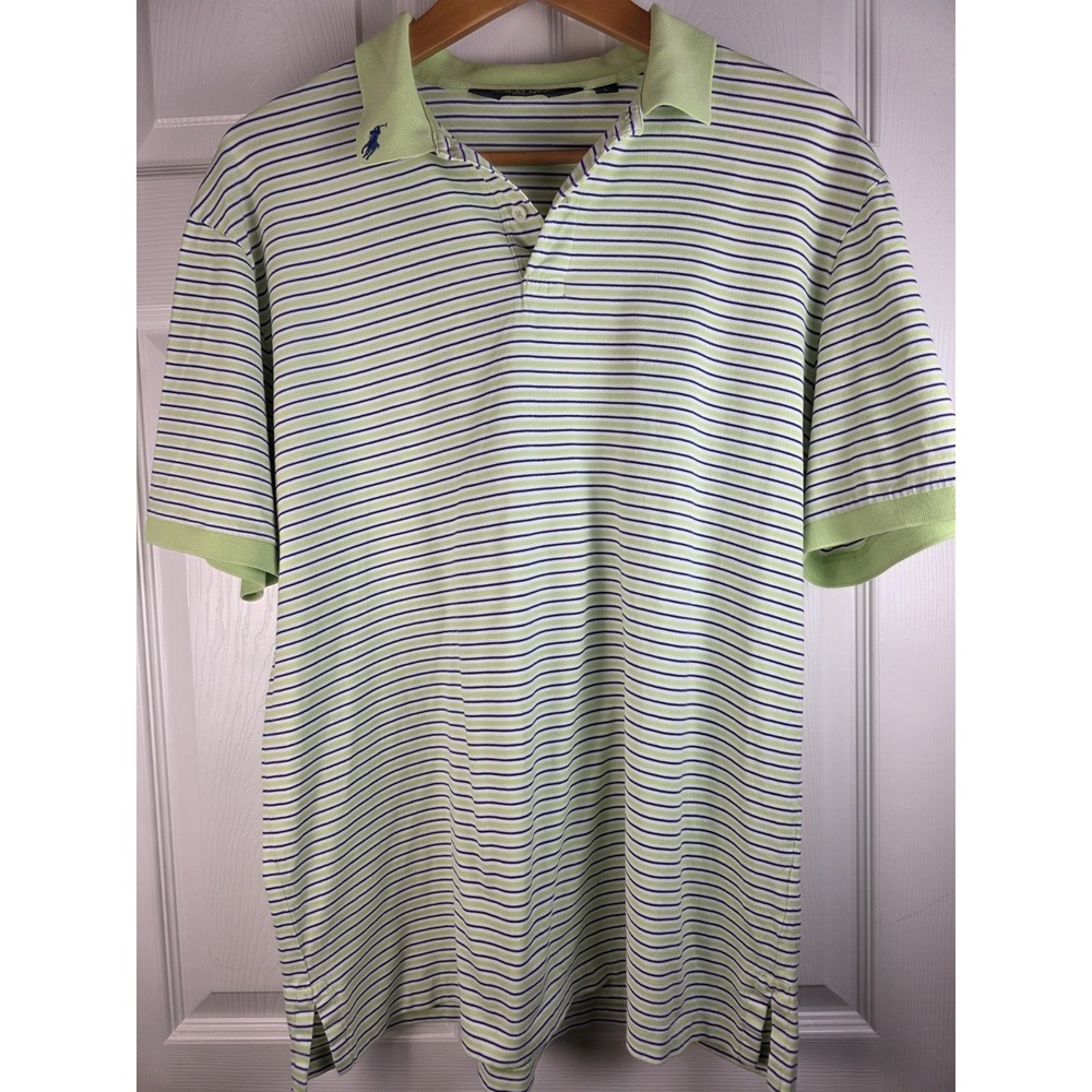 Ralph Lauren Polo Golf Shirt Mens L ProFit Green Blue‎ Striped 100% Pima Cotton
